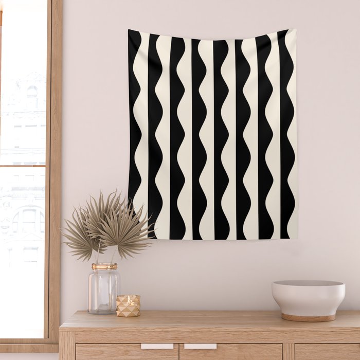 Retro Wavy Lines Pattern in Black & White Wall Tapestry Gallery Image 2