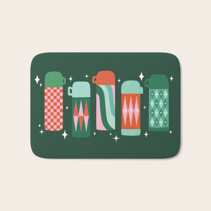 Retro Christmas Coffee Thermoses - Green Bath Mat Gallery Image 1