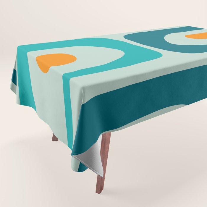 Mid Century Modern Piquet Pattern Teal Aqua Orange Tablecloth Gallery Image 1