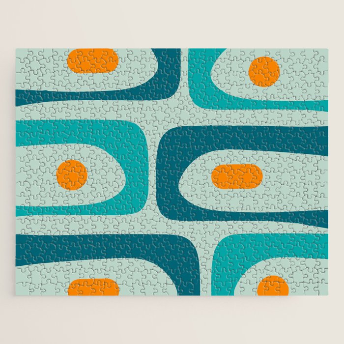 Mid Century Modern Piquet Pattern Teal Aqua Orange Jigsaw Puzzle Gallery Image 1
