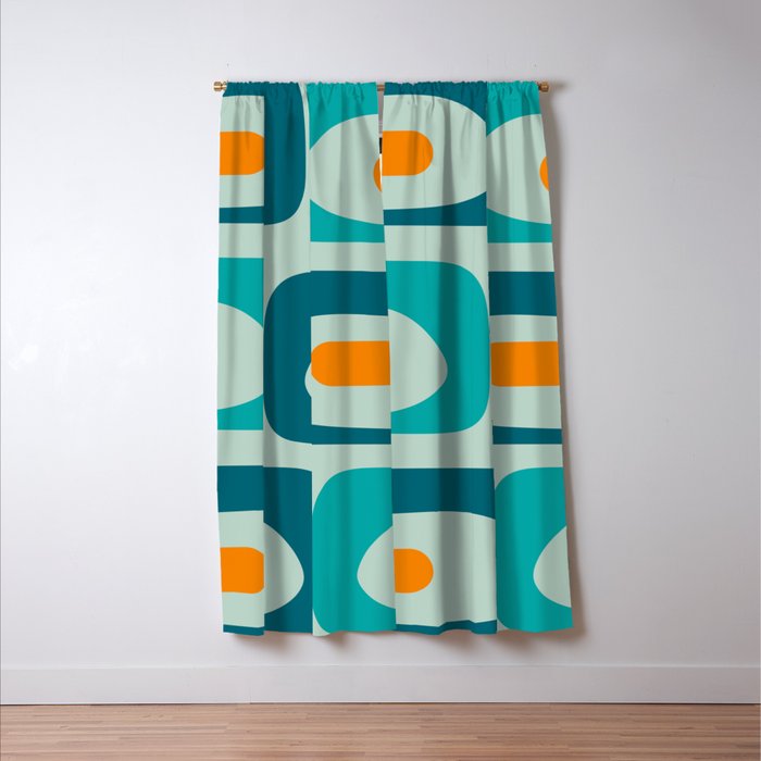 Mid Century Modern Piquet Pattern Teal Aqua Orange Window Curtain Gallery Image 3