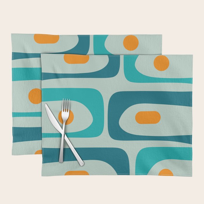 Mid Century Modern Piquet Pattern Teal Aqua Orange Placemat Gallery Image 1