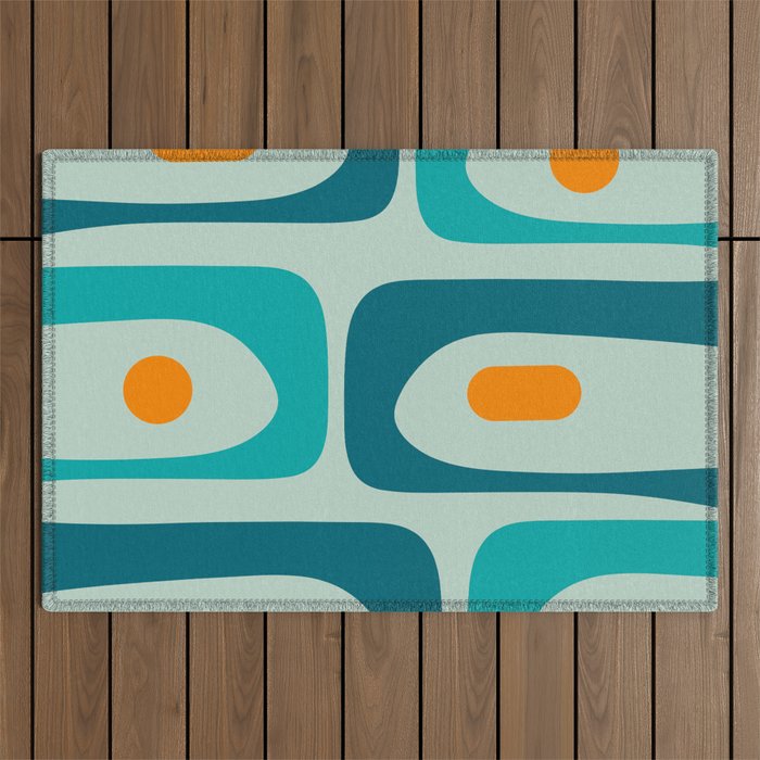 Mid Century Modern Piquet Pattern Teal Aqua Orange Outdoor Rug Gallery Image 1