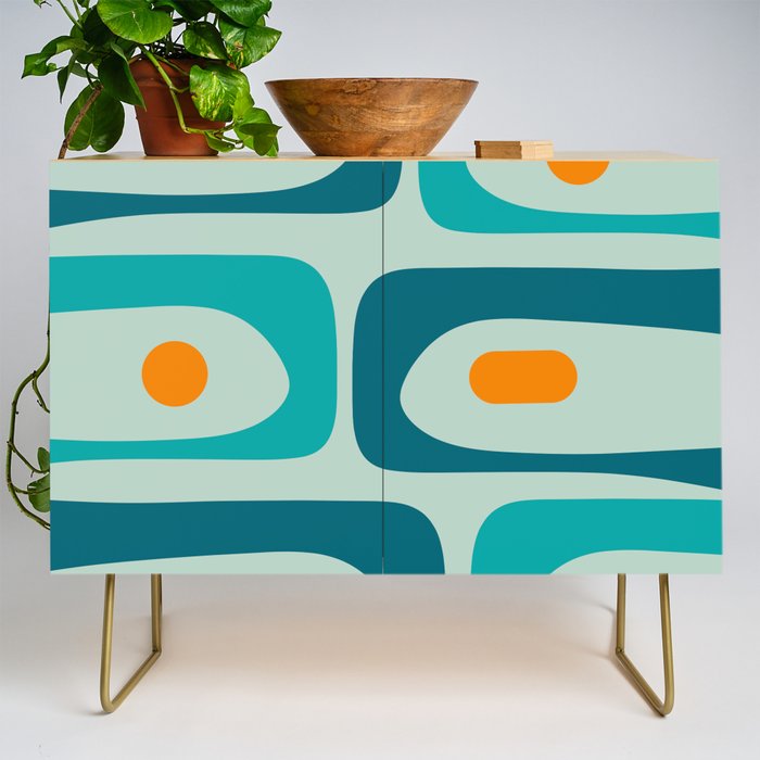 Mid Century Modern Piquet Pattern Teal Aqua Orange Credenza Gallery Image 1