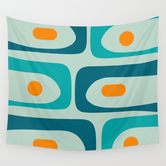 Mid Century Modern Piquet Pattern Teal Aqua Orange Wall Tapestry Gallery Image 4