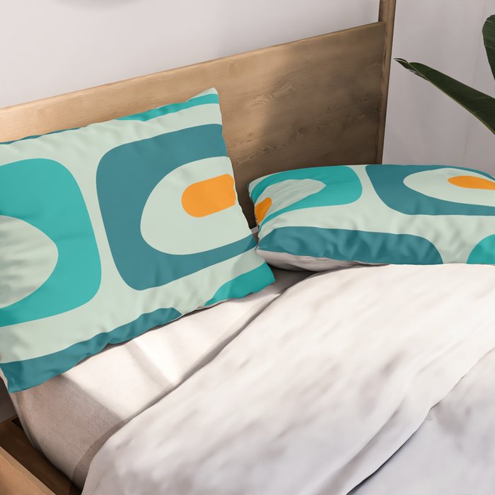 Mid Century Modern Piquet Pattern Teal Aqua Orange Pillow Sham Gallery Image 2