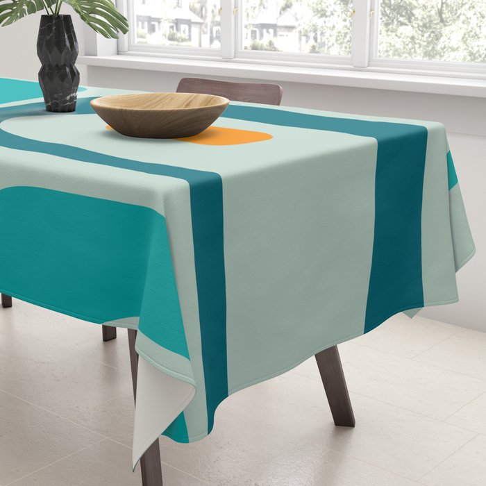 Mid Century Modern Piquet Pattern Teal Aqua Orange Tablecloth Gallery Image 3
