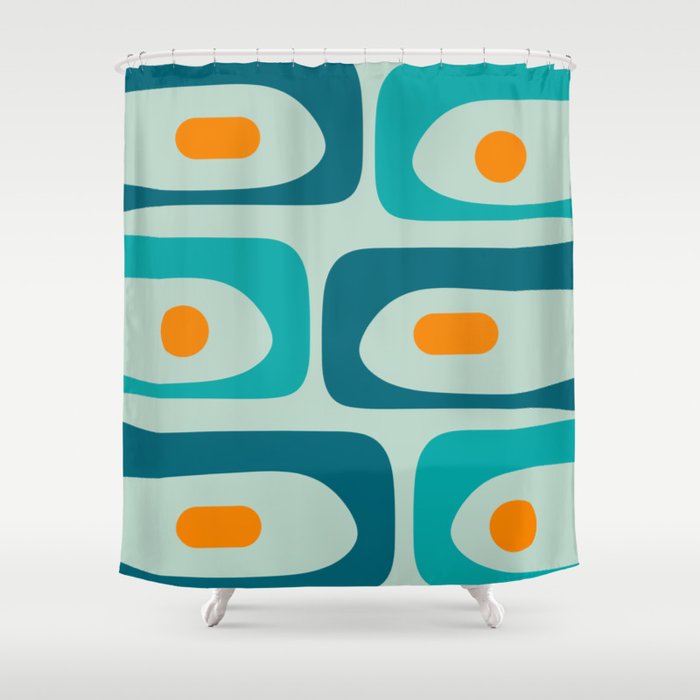 Mid Century Modern Piquet Pattern Teal Aqua Orange Shower Curtain Gallery Image 1
