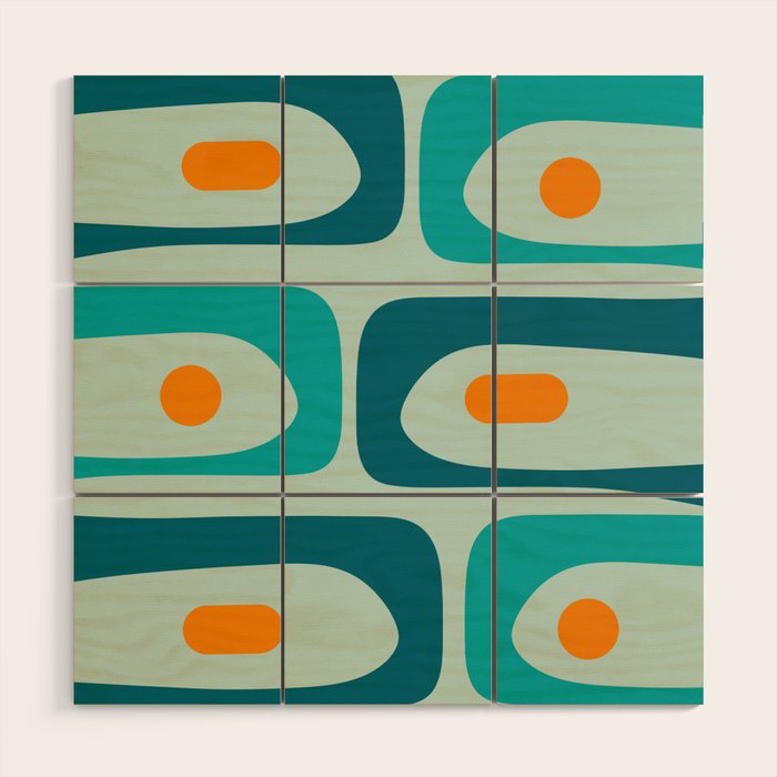 Mid Century Modern Piquet Pattern Teal Aqua Orange Wood Wall Art Gallery Image 1