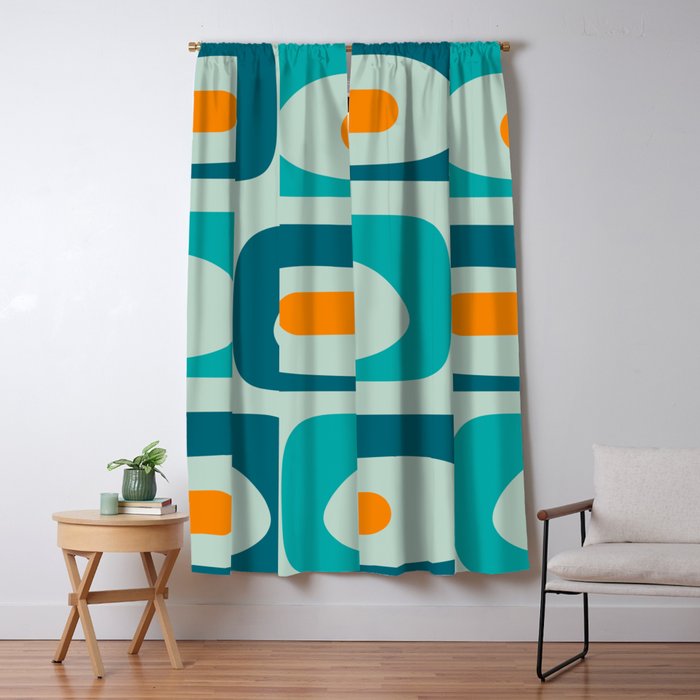 Mid Century Modern Piquet Pattern Teal Aqua Orange Window Curtain Gallery Image 1