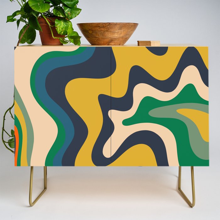 Retro Liquid Swirl Abstract Pattern Mustard Blue Green Beige Orange Credenza Gallery Image 1