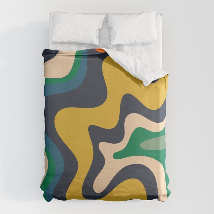 Retro Liquid Swirl Abstract Pattern Mustard Blue Green Beige Orange Duvet Cover Gallery Image 1