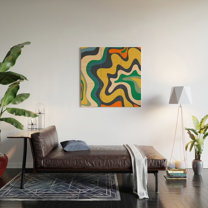 Retro Liquid Swirl Abstract Pattern Mustard Blue Green Beige Orange Wood Wall Art Gallery Image 2