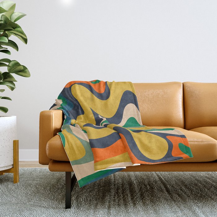 Retro Liquid Swirl Abstract Pattern Mustard Blue Green Beige Orange Throw Blanket Gallery Image 1