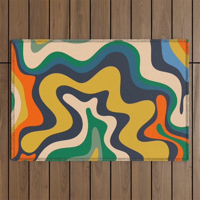 Retro Liquid Swirl Abstract Pattern Mustard Blue Green Beige Orange Outdoor Rug Gallery Image 1