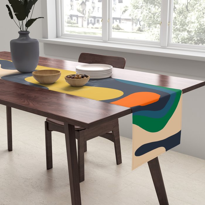 Retro Liquid Swirl Abstract Pattern Mustard Blue Green Beige Orange Table Runner Gallery Image 2