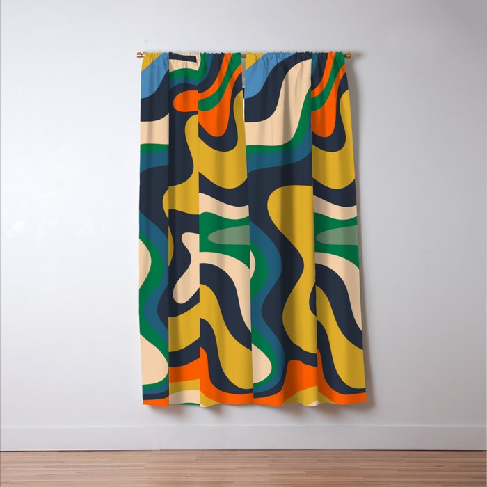 Retro Liquid Swirl Abstract Pattern Mustard Blue Green Beige Orange Window Curtain Gallery Image 3