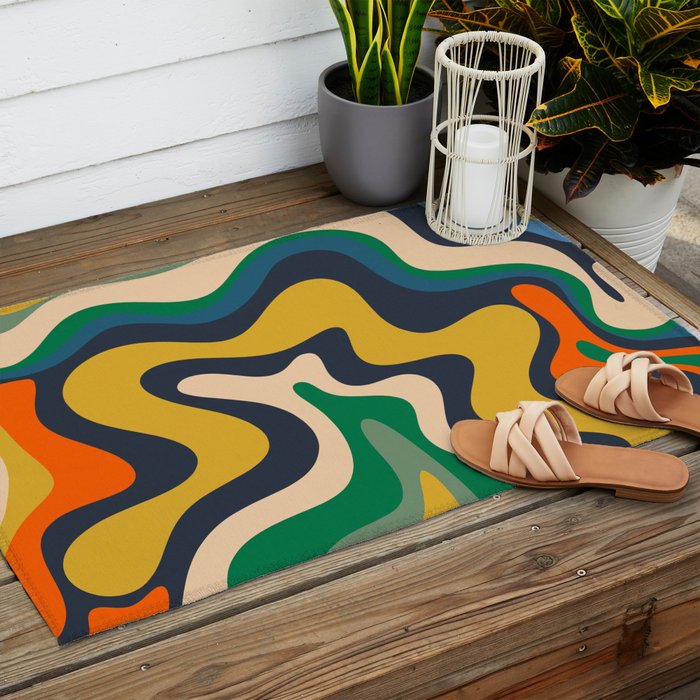 Retro Liquid Swirl Abstract Pattern Mustard Blue Green Beige Orange Outdoor Rug Gallery Image 2