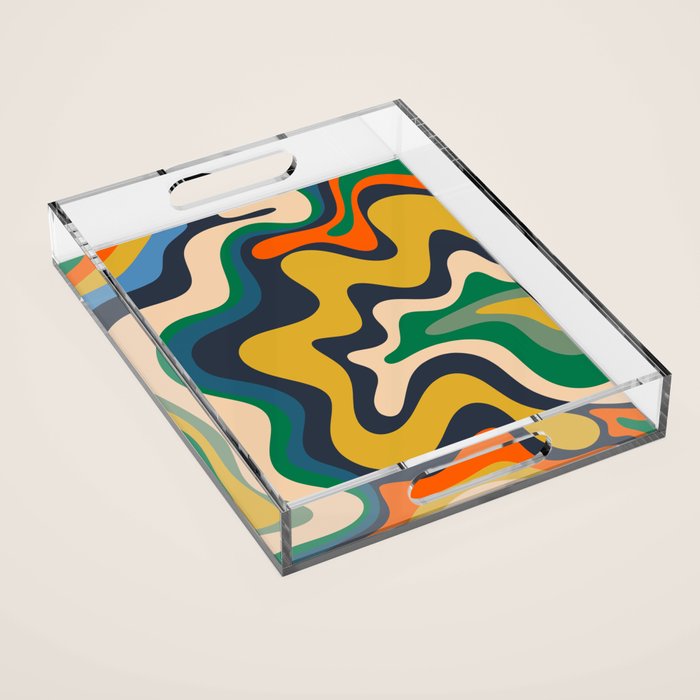 Retro Liquid Swirl Abstract Pattern Mustard Blue Green Beige Orange Acrylic Tray Gallery Image 1
