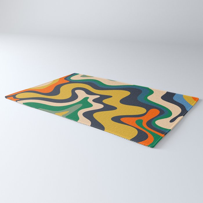 Retro Liquid Swirl Abstract Pattern Mustard Blue Green Beige Orange Rug Gallery Image 3