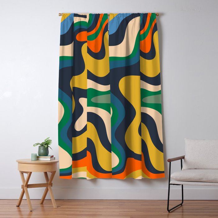 Retro Liquid Swirl Abstract Pattern Mustard Blue Green Beige Orange Window Curtain Gallery Image 1