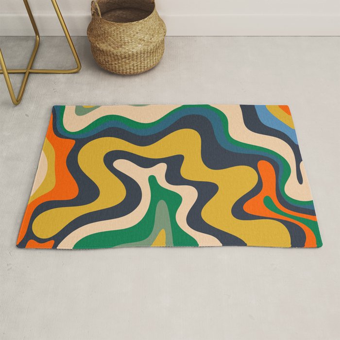Retro Liquid Swirl Abstract Pattern Mustard Blue Green Beige Orange Rug Gallery Image 1