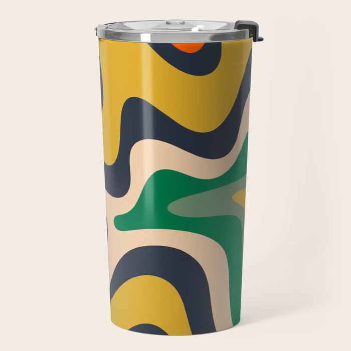 Retro Liquid Swirl Abstract Pattern Mustard Blue Green Beige Orange Travel Mug Gallery Image 2
