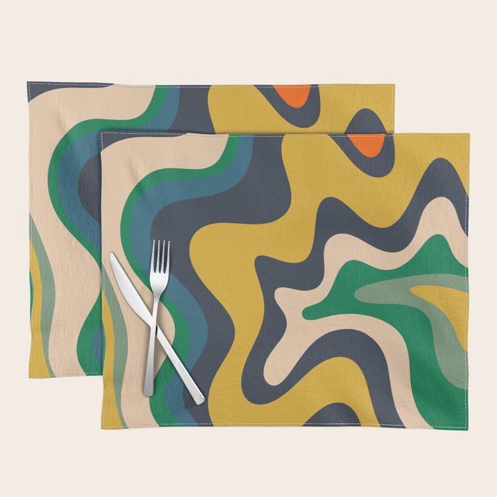 Retro Liquid Swirl Abstract Pattern Mustard Blue Green Beige Orange Placemat Gallery Image 1