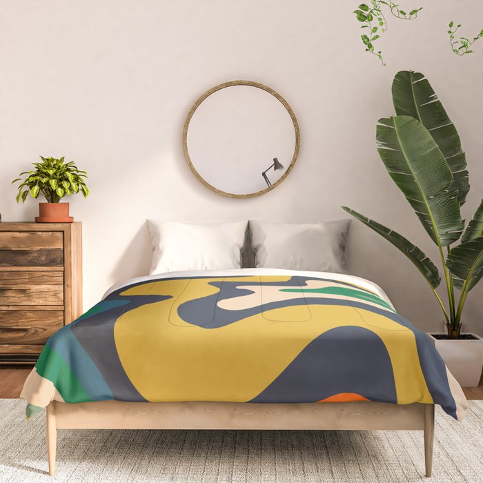 Retro Liquid Swirl Abstract Pattern Mustard Blue Green Beige Orange Comforter Gallery Image 3