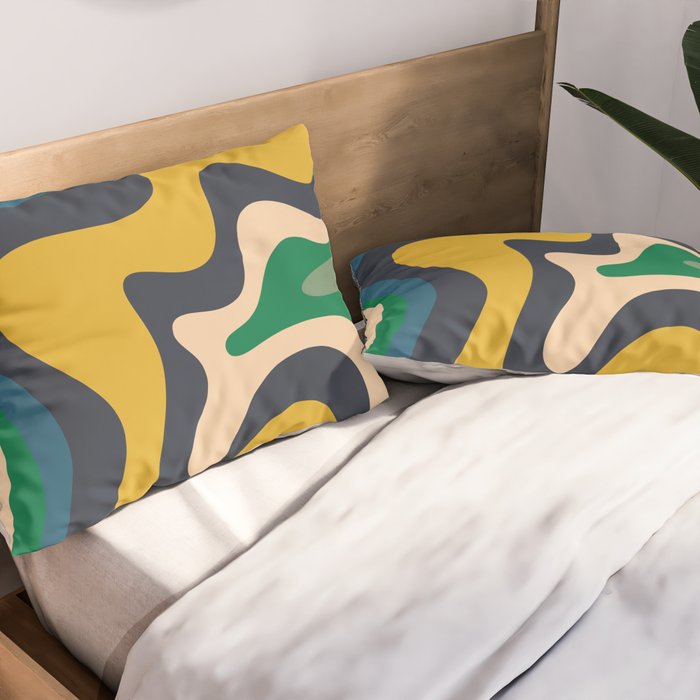 Retro Liquid Swirl Abstract Pattern Mustard Blue Green Beige Orange Pillow Sham Gallery Image 2