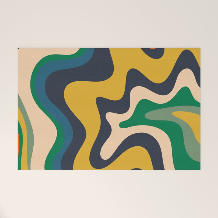 Retro Liquid Swirl Abstract Pattern Mustard Blue Green Beige Orange Welcome Mat Gallery Image 1