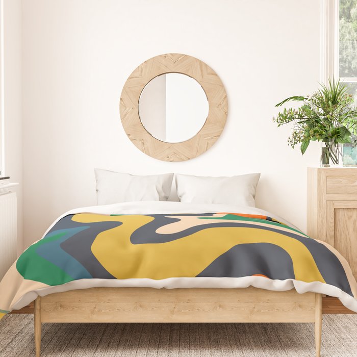 Retro Liquid Swirl Abstract Pattern Mustard Blue Green Beige Orange Duvet Cover Gallery Image 3