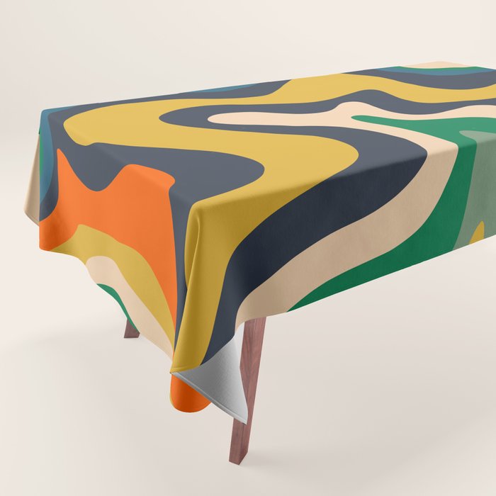 Retro Liquid Swirl Abstract Pattern Mustard Blue Green Beige Orange Tablecloth Gallery Image 1
