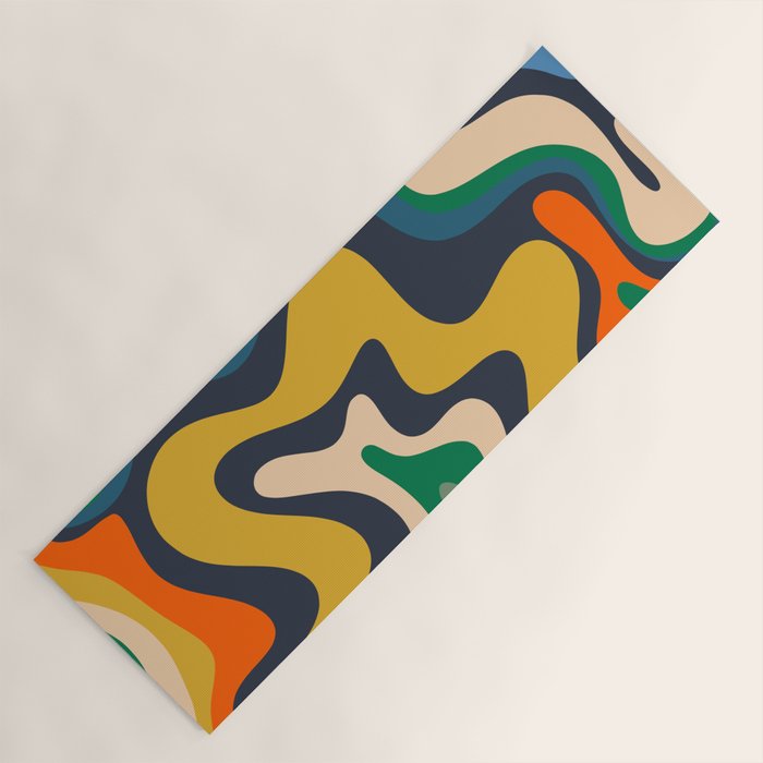 Retro Liquid Swirl Abstract Pattern Mustard Blue Green Beige Orange Yoga Mat Gallery Image 1