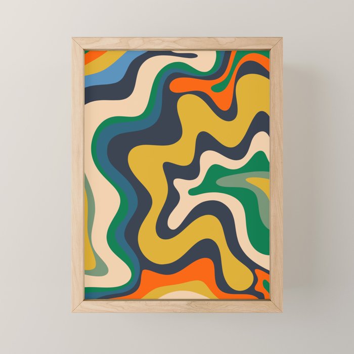 Retro Liquid Swirl Abstract Pattern Mustard Blue Green Beige Orange Mini Art Print Gallery Image 1