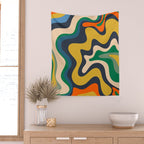 Retro Liquid Swirl Abstract Pattern Mustard Blue Green Beige Orange Wall Tapestry Gallery Image 2