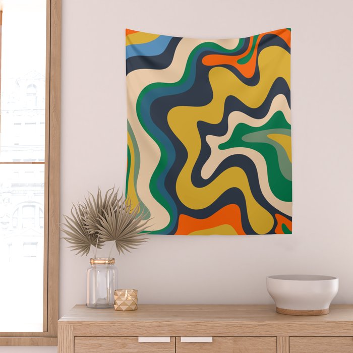 Retro Liquid Swirl Abstract Pattern Mustard Blue Green Beige Orange Wall Tapestry Gallery Image 2