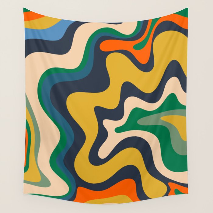 Retro Liquid Swirl Abstract Pattern Mustard Blue Green Beige Orange Wall Tapestry Gallery Image 4