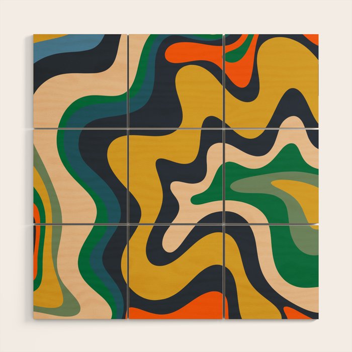 Retro Liquid Swirl Abstract Pattern Mustard Blue Green Beige Orange Wood Wall Art Gallery Image 1