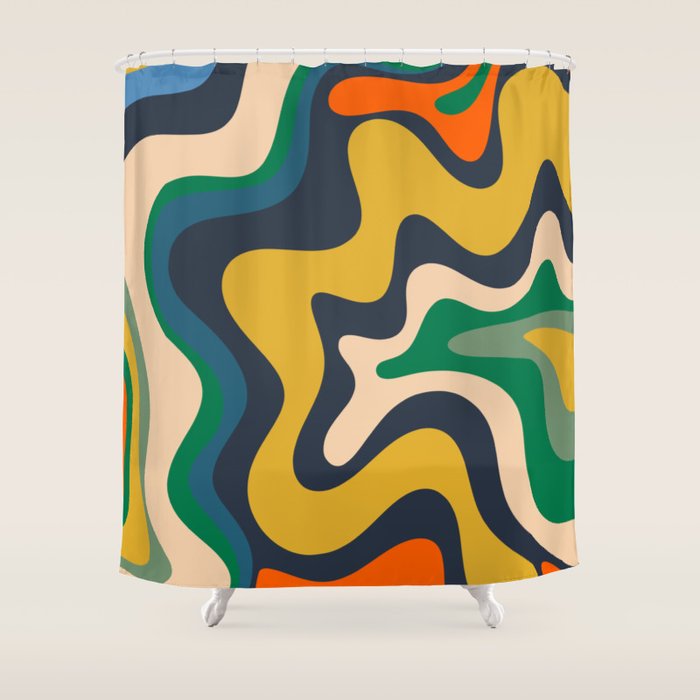 Retro Liquid Swirl Abstract Pattern Mustard Blue Green Beige Orange Shower Curtain Gallery Image 1