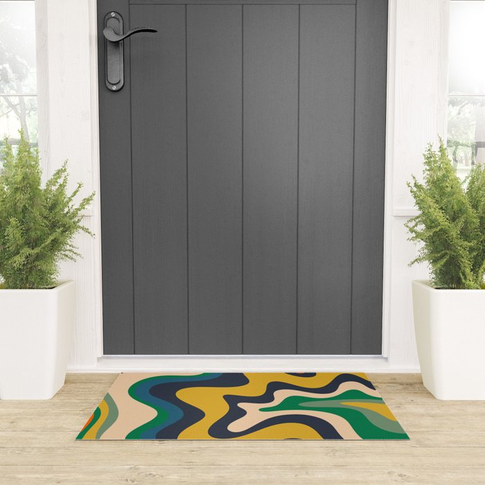 Retro Liquid Swirl Abstract Pattern Mustard Blue Green Beige Orange Welcome Mat Gallery Image 3