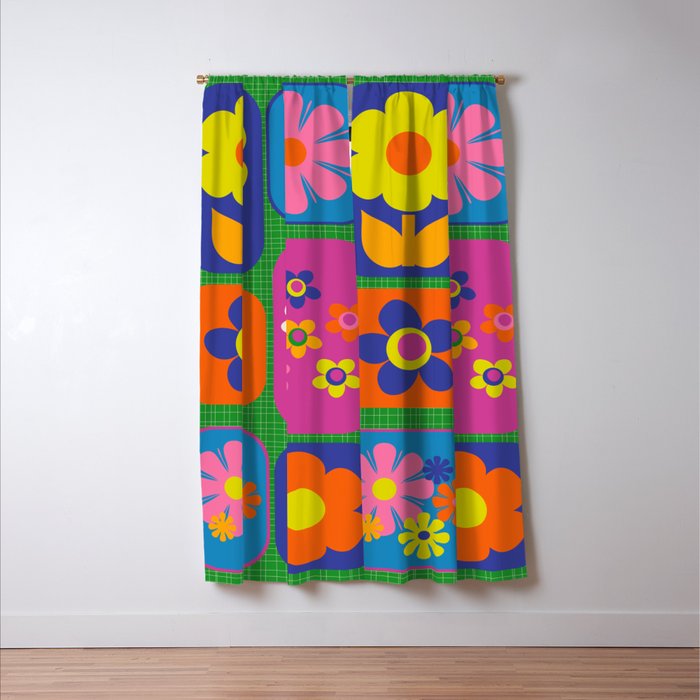 Retro Flower Patch Cute Colorful Groovy Vintage Aesthetic Flowers on Green Window Curtain Gallery Image 3