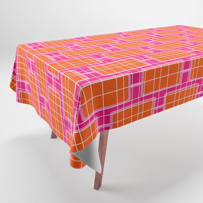 Mid Century Modern Woven Link Pattern Hot Pink and Orange Tablecloth Gallery Image 1