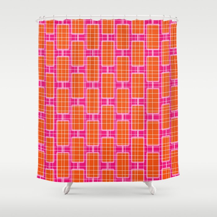 Mid Century Modern Woven Link Pattern Hot Pink and Orange Shower Curtain Gallery Image 1