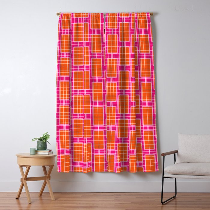 Mid Century Modern Woven Link Pattern Hot Pink and Orange Window Curtain Gallery Image 5