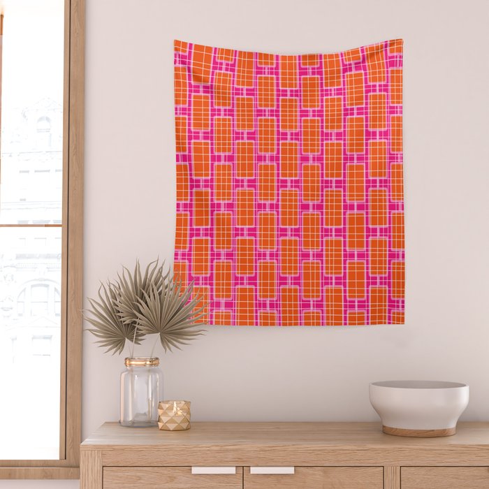 Mid Century Modern Woven Link Pattern Hot Pink and Orange Wall Tapestry Gallery Image 2