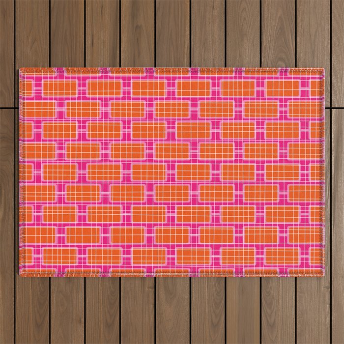 Mid Century Modern Woven Link Pattern Hot Pink and Orange Outdoor Rug Gallery Image 1