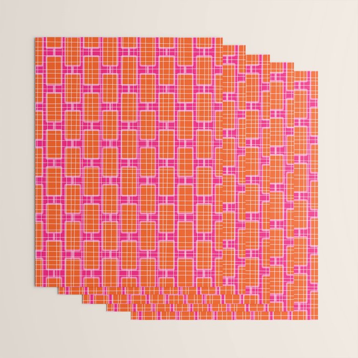 Mid Century Modern Woven Link Pattern Hot Pink and Orange Wrapping Paper Gallery Image 3