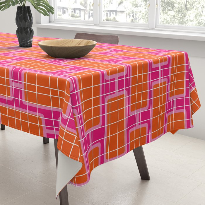 Mid Century Modern Woven Link Pattern Hot Pink and Orange Tablecloth Gallery Image 3