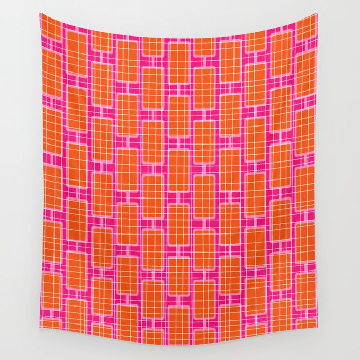 Mid Century Modern Woven Link Pattern Hot Pink and Orange Wall Tapestry Gallery Image 4